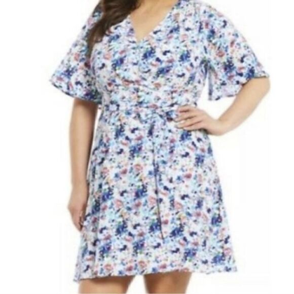 Gibson Latimer Floral Print Dress With Tie Belt, Size Large - Picture 1 of 7